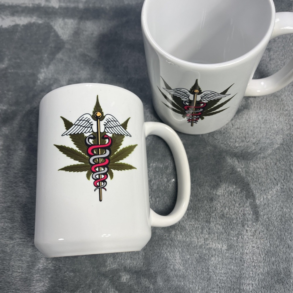 Marijuana Coffee Mugs Medical‎ Marijuana Symbol Caduceus Medical Sign 2 Pack NEW - Picture 3 of 6